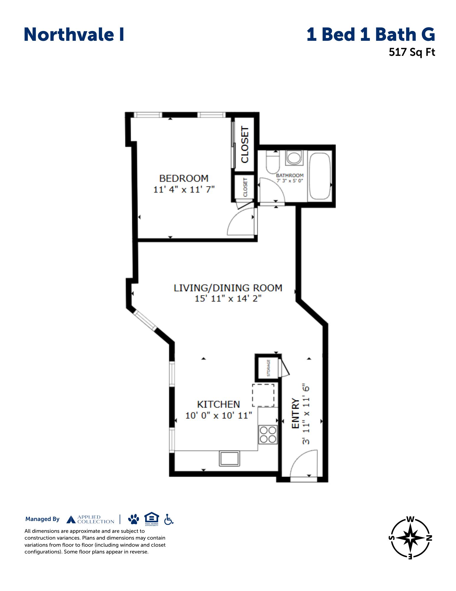 Floor plan for 1 bed, 1 bath, 517 sqft